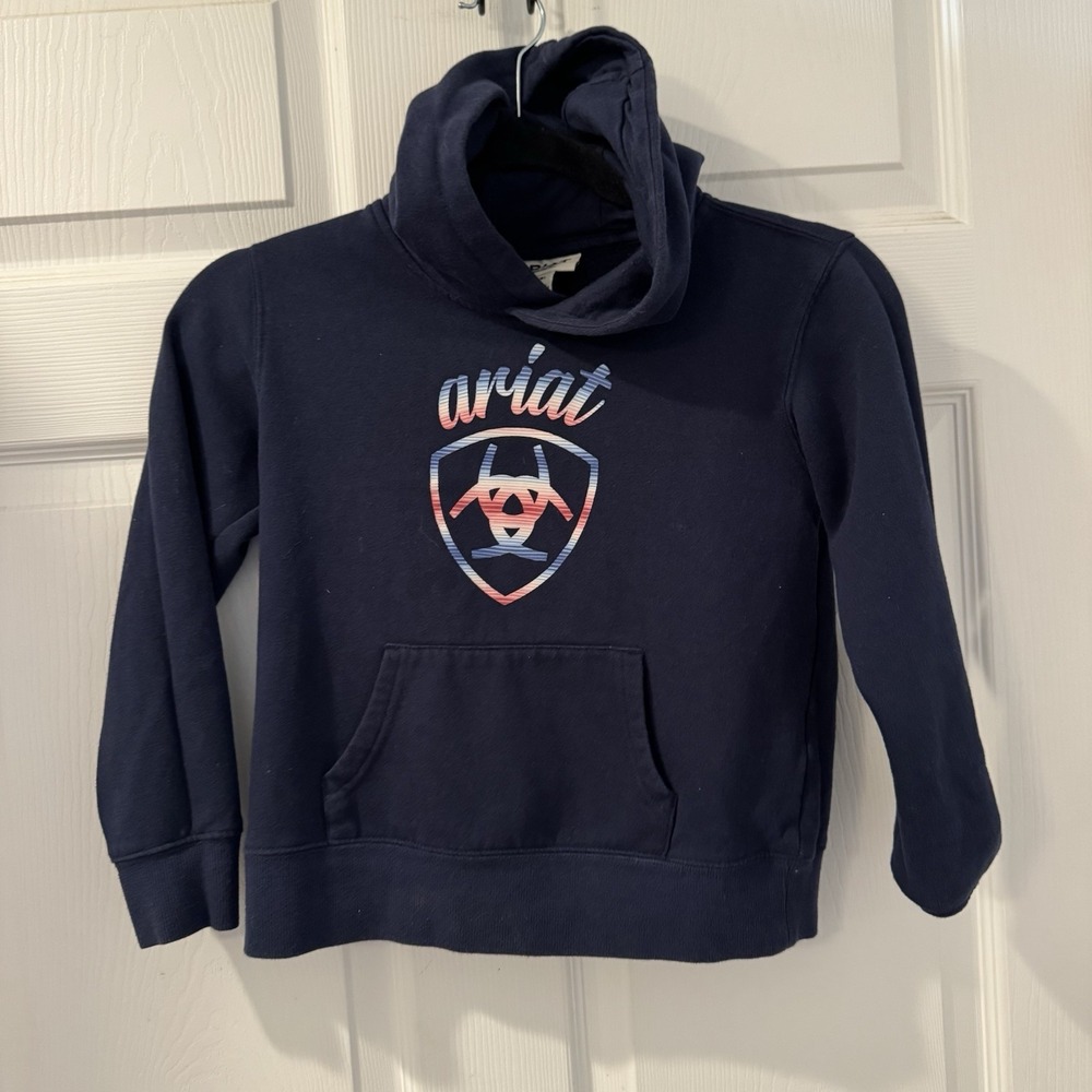 Ariat Hoodie Girls Sz 8 Blue REAL Fleece Pullover Logo Graphic Kangaroo Pocket